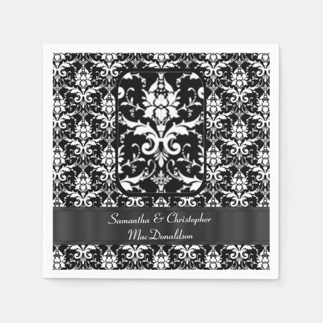 Black ad white wedding damask pattern paper napkins (Front)