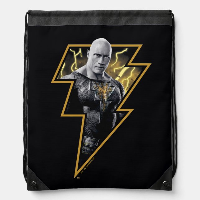 Black Adam Gray and Gold Lightning Graphic Drawstring Bag (Front)