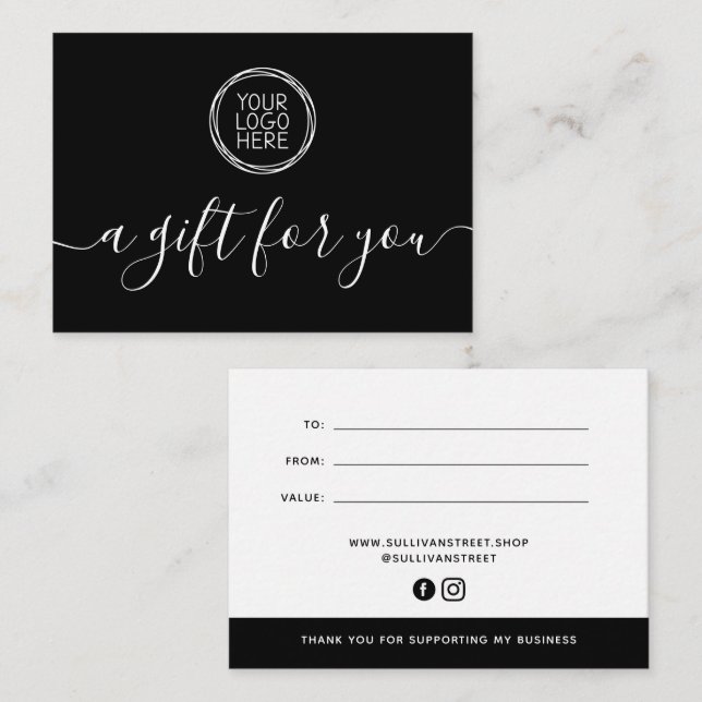 Black Add Your Logo Minimalist Gift Certificate  Note Card (Front/Back)