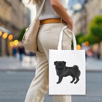 Black Adorable Cartoon Pug Dog Mops Breed Design Grocery Bag