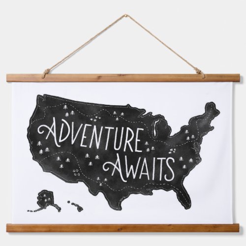 Black Adventure Awaits US Map Kids Room Decor Hanging Tapestry