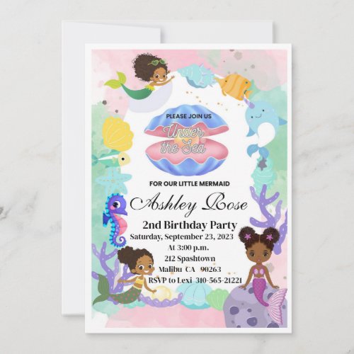 BlackAfrican American Mermaid Birthday Invitation