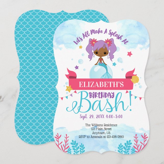 Black African American Mermaid Birthday Invitation (Front/Back)