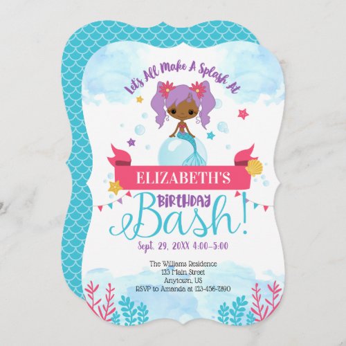 Black African American Mermaid Birthday Invitation