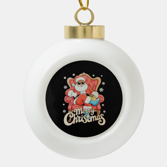 Black African American Santa Christmas Xmas Ceramic Ball Christmas Ornament (Front)