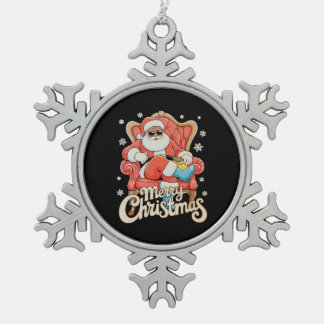 Black African American Santa Christmas Xmas Snowflake Pewter Christmas Ornament