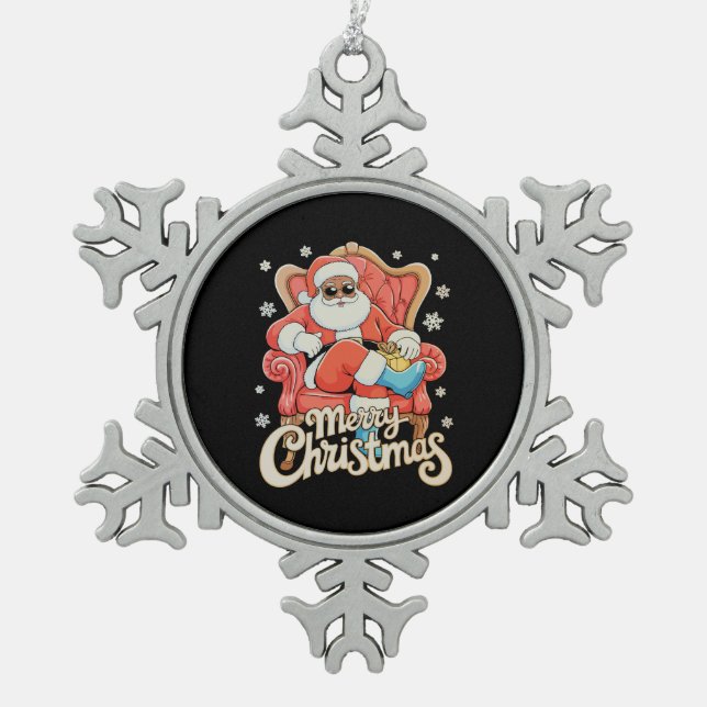 Black African American Santa Christmas Xmas Snowflake Pewter Christmas Ornament (Front)