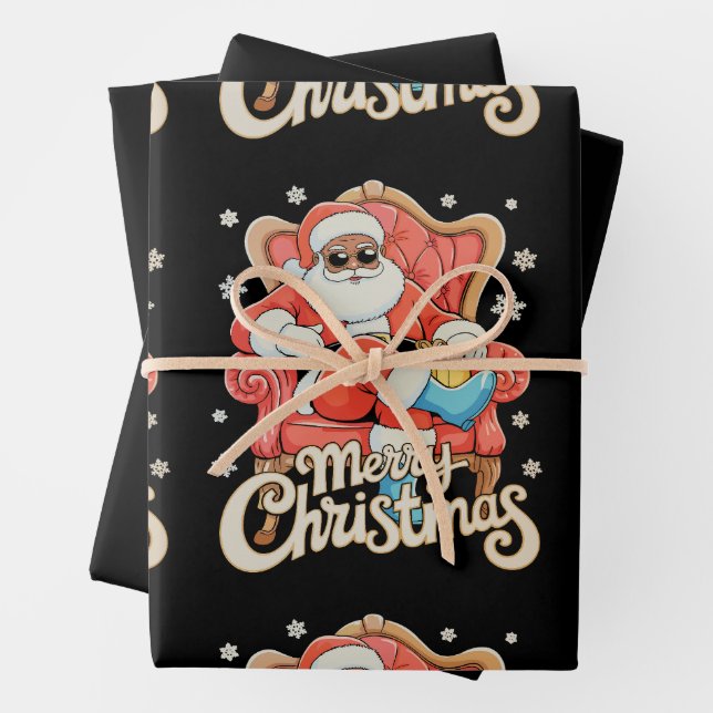 Black African American Santa Christmas Xmas Wrapping Paper Sheets (In situ)