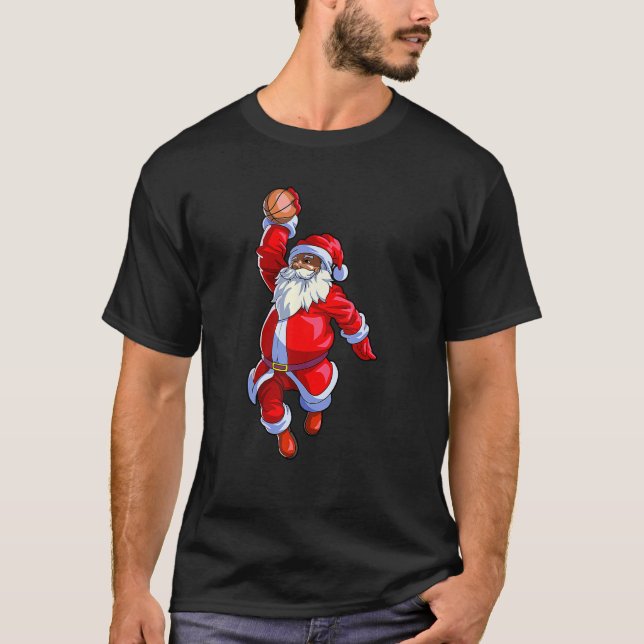 Black African American Santa Claus Basketball Afro T-Shirt (Front)