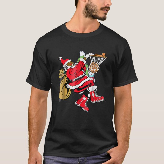 Black African American Santa Claus Basketball Chri T-Shirt (Front)