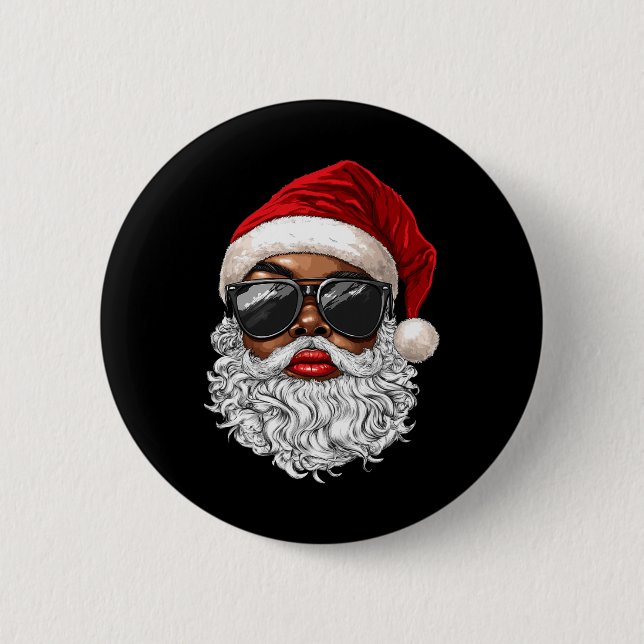 Black African American Santa Claus Face Xmas Merry Button (Front)