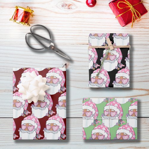 Black African American Santa Face Pink Christmas Wrapping Paper Sheets