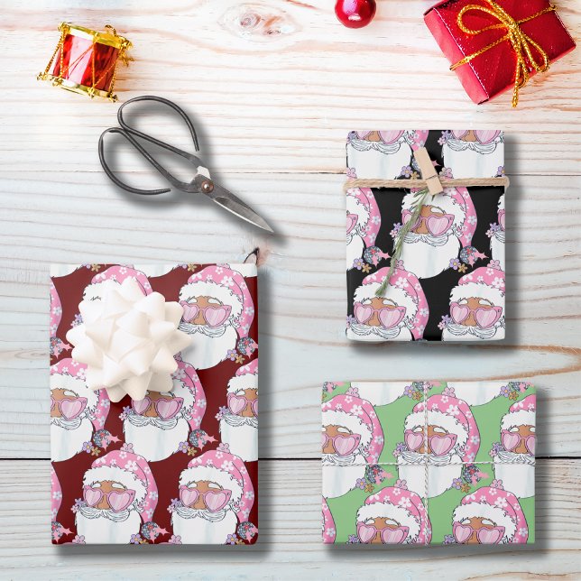 Black African American Santa Face Pink Christmas Wrapping Paper Sheets (Creator Uploaded)