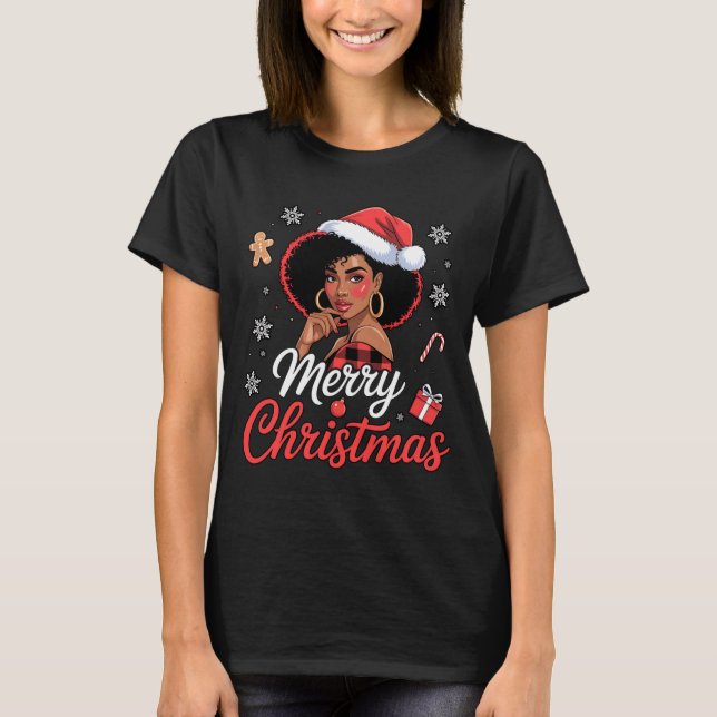Black African Girl American Merry Christmas Santa  T-Shirt (Front)