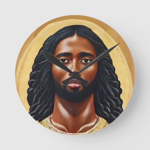 Black African Jesus Christ Religious Art Round Clock