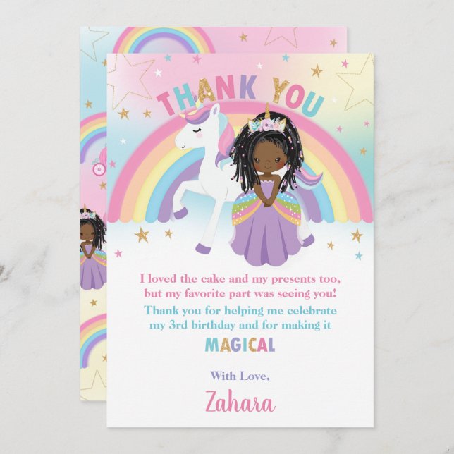 Black African Princess Rainbow Unicorn Birthday Thank You Card (Front/Back)