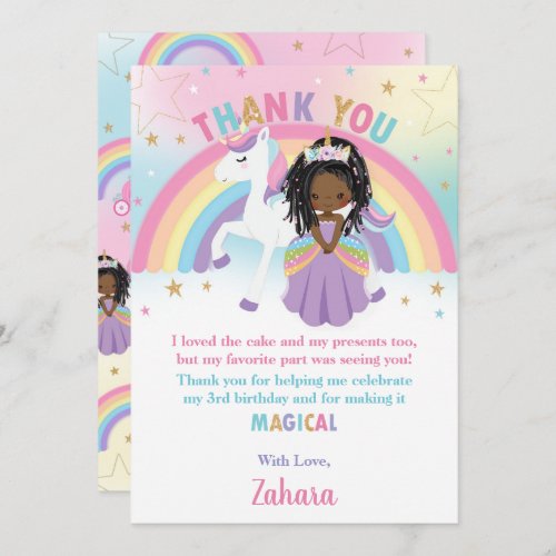 Black African Princess Rainbow Unicorn Birthday Thank You Card