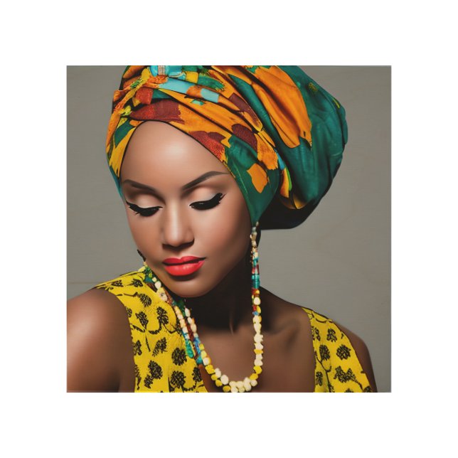 Black African Woman colorful headscarf portrait Wood Wall Art (Front)