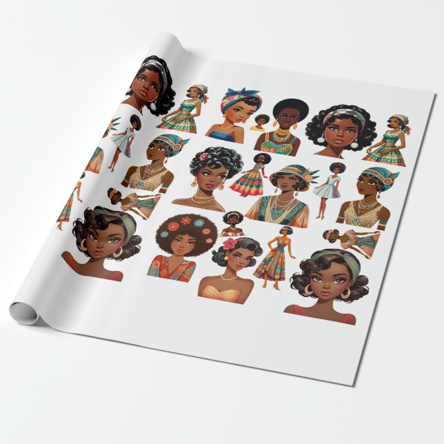Black African Woman Fashion art 20s to 70s Eras Wrapping Paper (Unrolled)