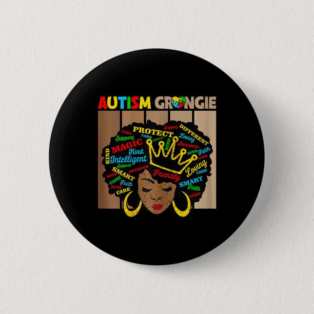 Black Afro African American Autism Grangie Awarene Button (Front)