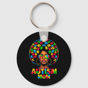 Black Afro Mom American Autism Awareness Keychain