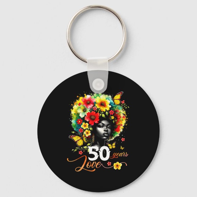 Black Afro Queen 50 Years Love 50th Birthday Butte Keychain (Front)