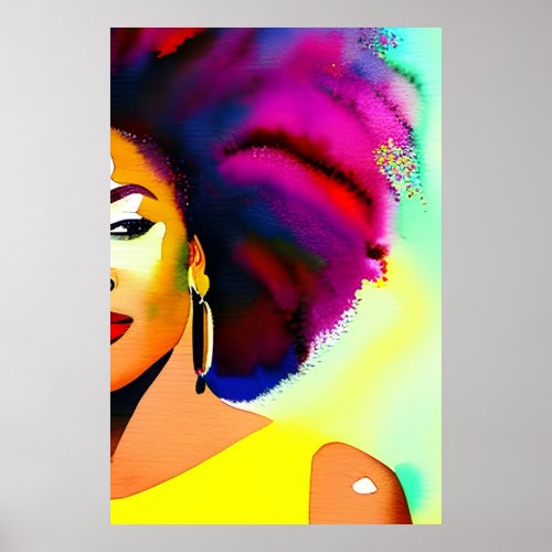 Black Afro Woman Watercolor Portrait VII Poster