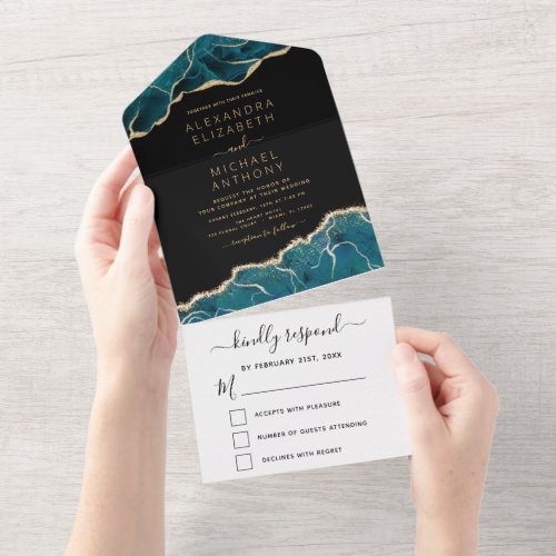 Black Agate Aqua Turquoise Blue Gold Wedding  All In One Invitation