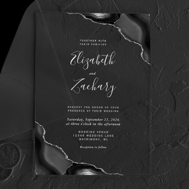 Black Agate Corners Silver Gray Text Wedding Acrylic Invitations (Creator Uploaded)