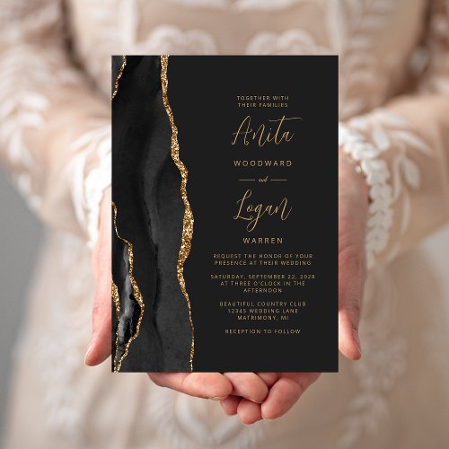 Black Agate Elegant Gold Script Wedding Invitation