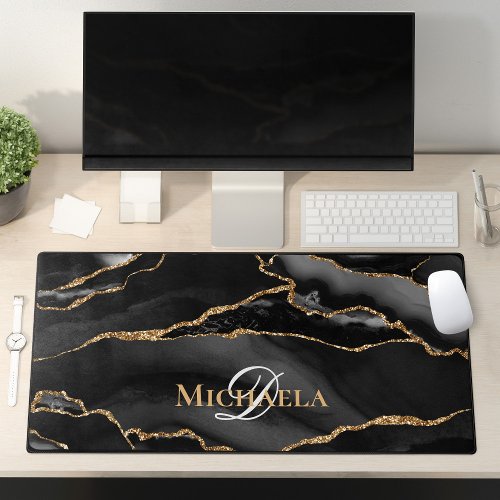 Black Agate Geode Gold Glitter Monogram Modern Desk Mat