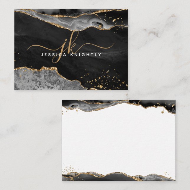 Black Agate Geode Gold Glitter Monogram Script Note Card (Front/Back)