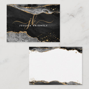 Black Agate Geode Gold Glitter Monogram Script Note Card