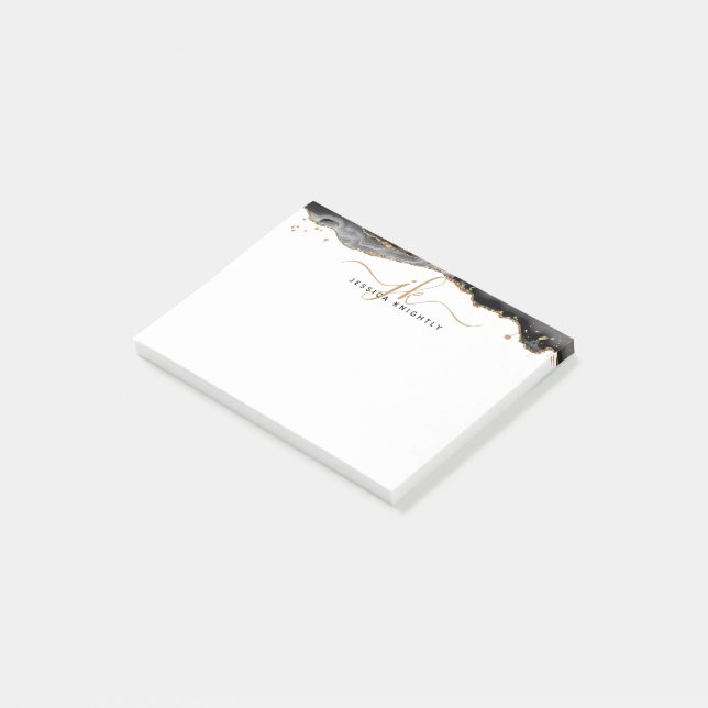 Black Agate Geode Gold Glitter Script Monogram Post-it Notes (Angled)