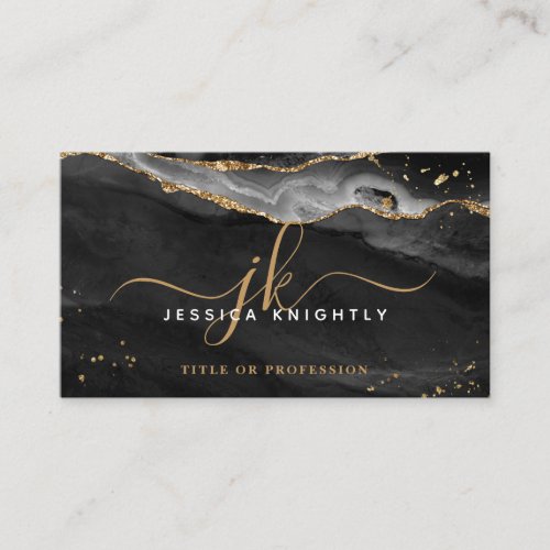 Black Agate Geode Monogram Gold Script Business Card