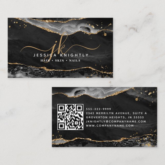 Black Agate Geode Monogram Gold Script Business Card (Front/Back)