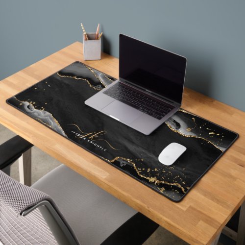 Black Agate Geode Monogram Gold Script Desk Mat