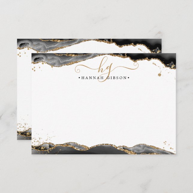Black Agate Geode Monogram Script Gold Glitter Note Card (Front/Back)