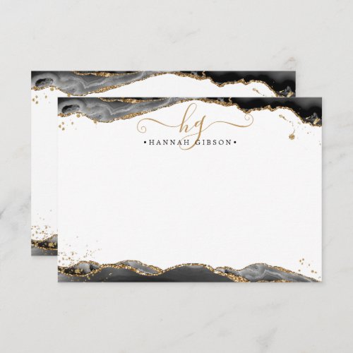Black Agate Geode Monogram Script Gold Glitter Note Card