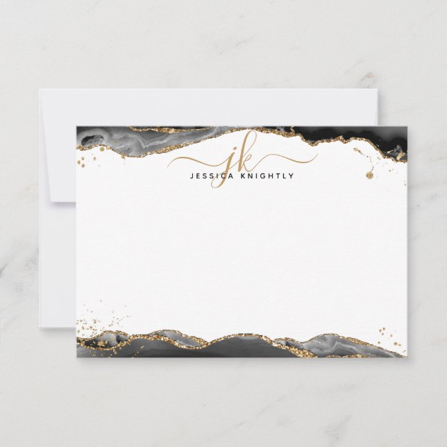 Black Agate Geode Script Monogram Gold Glitter Not Note Card (Front)