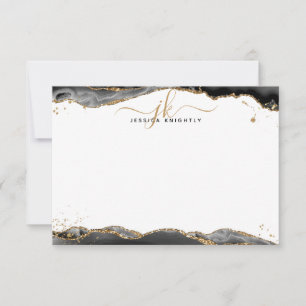 Black Agate Geode Script Monogram Gold Glitter Not Note Card