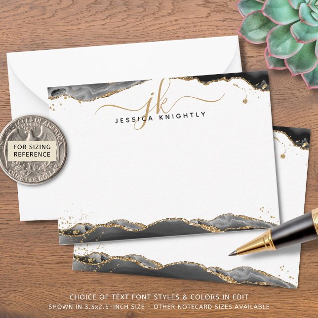 Black Agate Geode Script Monogram Gold Glitter Note Card (Creator Uploaded)