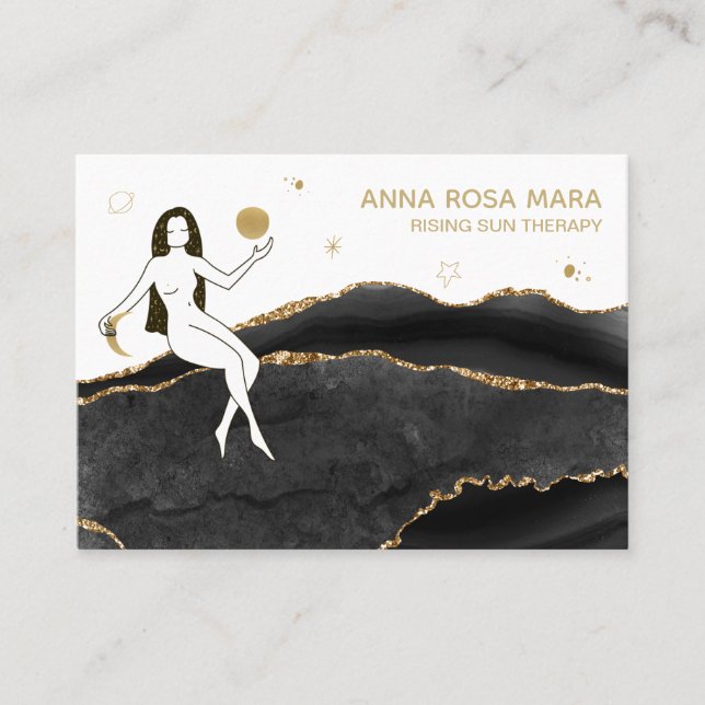 *~* Black Agate - Goddess Celestial Gold Glitter Business Card (Front)