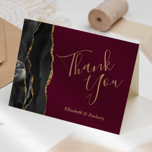 Black Agate Gold Burgundy Wedding Thank You Card