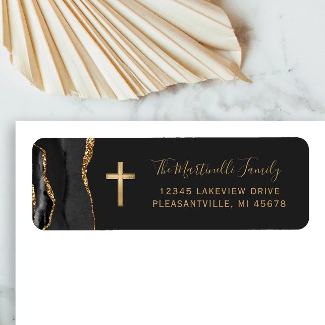 Black Agate Gold Cross Return Address Label (Creator Uploaded)