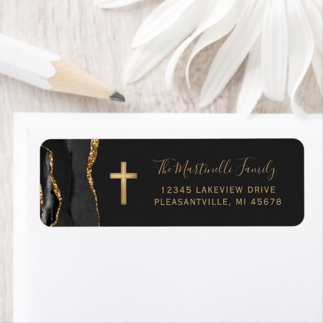 Black Agate Gold Cross Return Address Label (Insitu)
