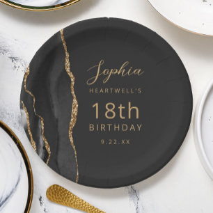 Black Agate Gold Dark 18th Birthday Paper Plates