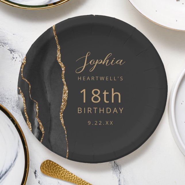 Black Agate Gold Dark 18th Birthday Paper Plates (Creator Uploaded)