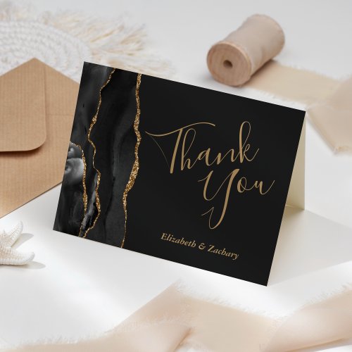 Black Agate Gold Dark Wedding Thank You Card