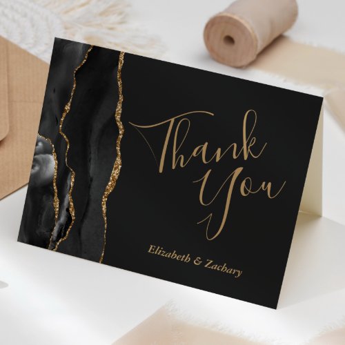 Black Agate Gold Dark Wedding Thank You Card